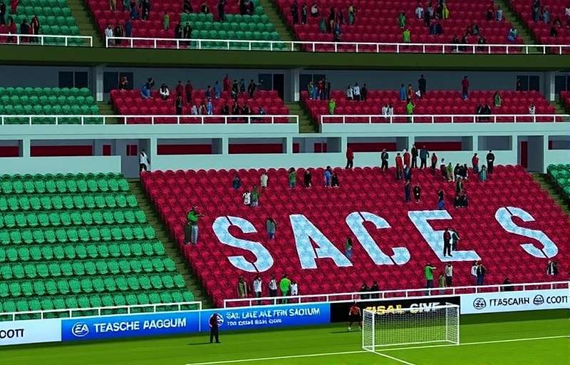 FIFA 05: Mohun Bagan AC Simulation gameplay showing a match at Salt Lake Stadium with green and maroon clad fans