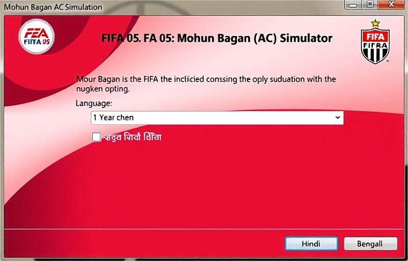 FIFA 05: Mohun Bagan AC Simulation installation screen showing language selection options in English, Hindi and Bengali