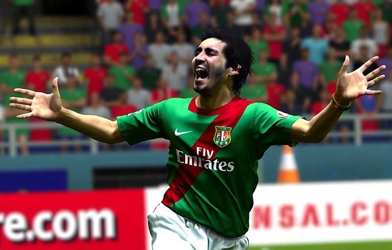 FIFA 05: Mohun Bagan AC Simulation player celebration after scoring a goal with green and maroon jersey